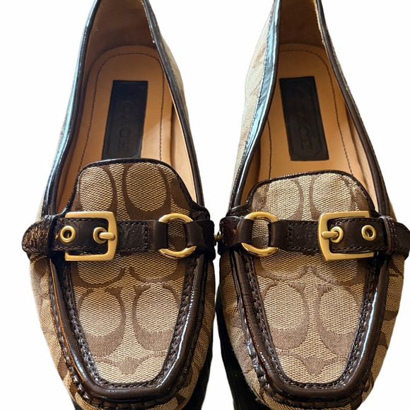 Coach Brown Monogram Loafers with Gold Buckles size 8m - Picture 1 of 5